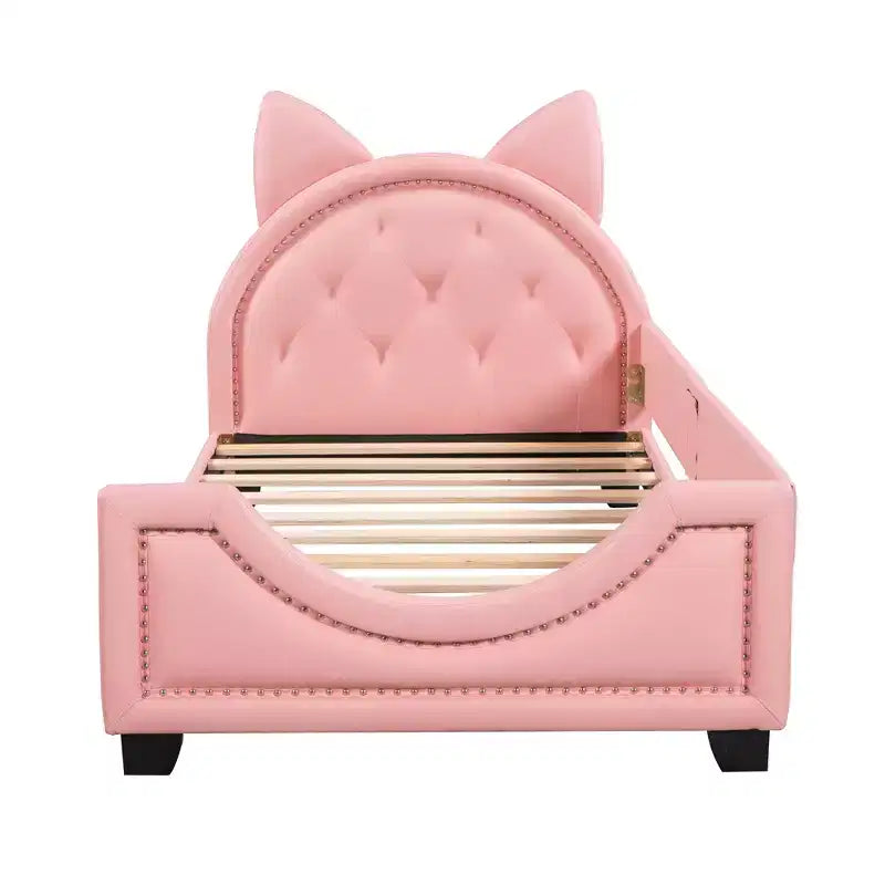 Twin Size Carton Daybed for Kids, PU Leather Daybed Frame with Ears Shaped Headboard and Rivet Decoration for Girls Boys, Pink