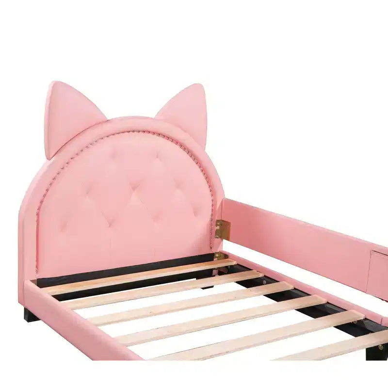 Twin Size Carton Daybed for Kids, PU Leather Daybed Frame with Ears Shaped Headboard and Rivet Decoration for Girls Boys, Pink