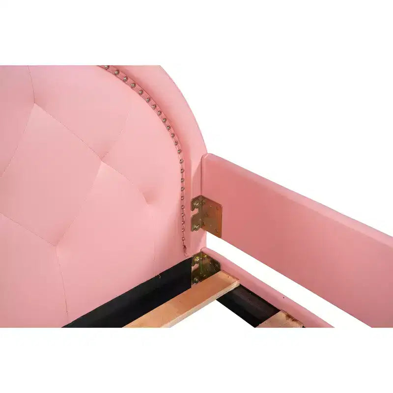 Twin Size Carton Daybed for Kids, PU Leather Daybed Frame with Ears Shaped Headboard and Rivet Decoration for Girls Boys, Pink