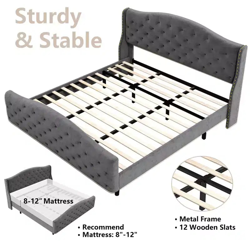 Queen Bed Frame with Headboard and Footboard, Upholstered Velvet Wingback Platform Bed, No Box Spring Needed, 800LB Capacity