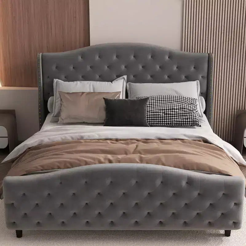 Queen Bed Frame with Headboard and Footboard, Upholstered Velvet Wingback Platform Bed, No Box Spring Needed, 800LB Capacity