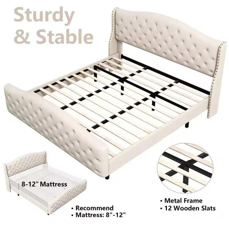 Queen Bed Frame with Headboard and Footboard, Upholstered Velvet Wingback Platform Bed, No Box Spring Needed, 800LB Capacity
