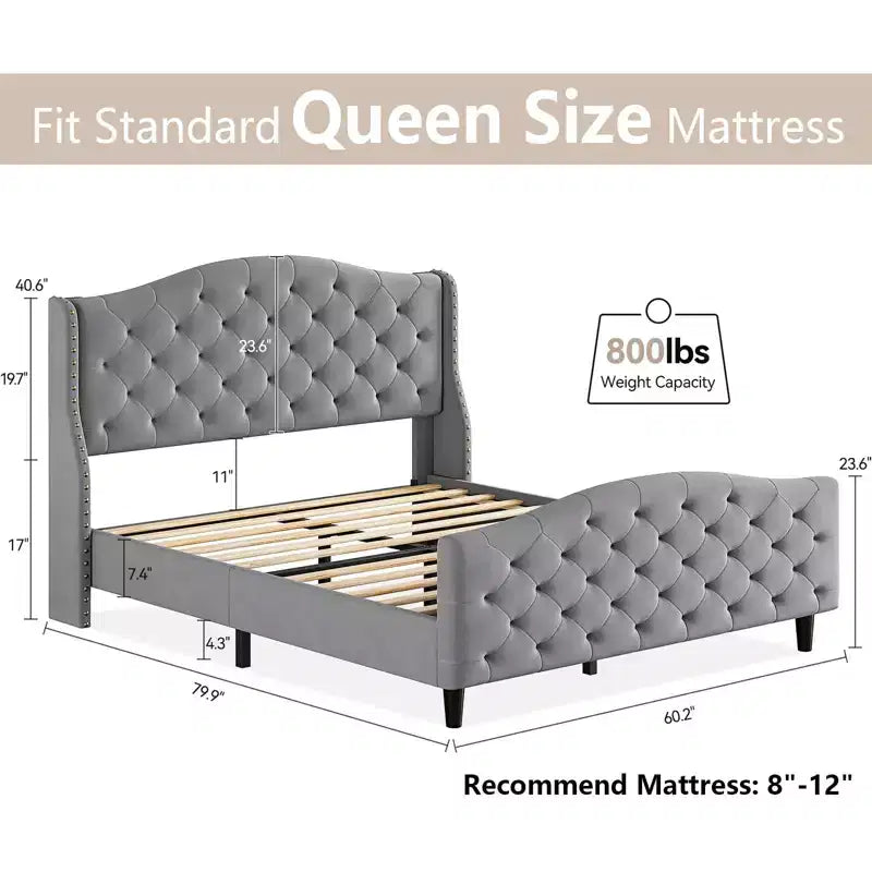 Queen Bed Frame with Headboard and Footboard, Upholstered Velvet Wingback Platform Bed, No Box Spring Needed, 800LB Capacity