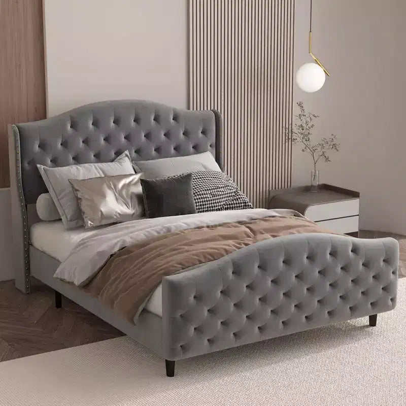 Queen Bed Frame with Headboard and Footboard, Upholstered Velvet Wingback Platform Bed, No Box Spring Needed, 800LB Capacity