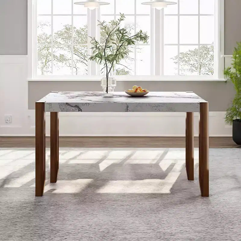 46.5" Modern Dining Table, Rectangular Faux Marble Kitchen Table with Rubber Wood Legs, White
