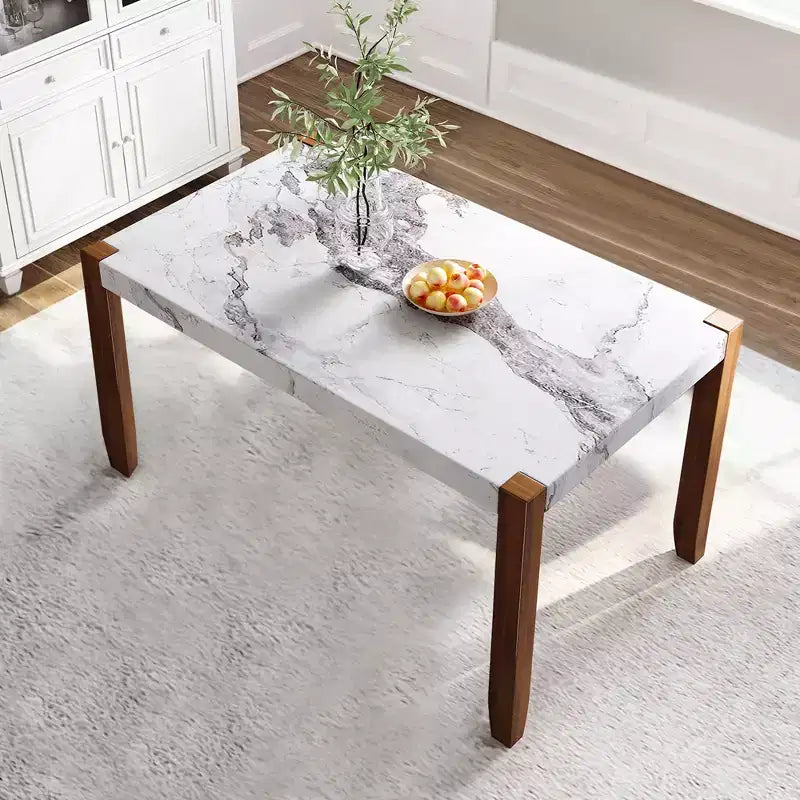 46.5" Modern Dining Table, Rectangular Faux Marble Kitchen Table with Rubber Wood Legs, White