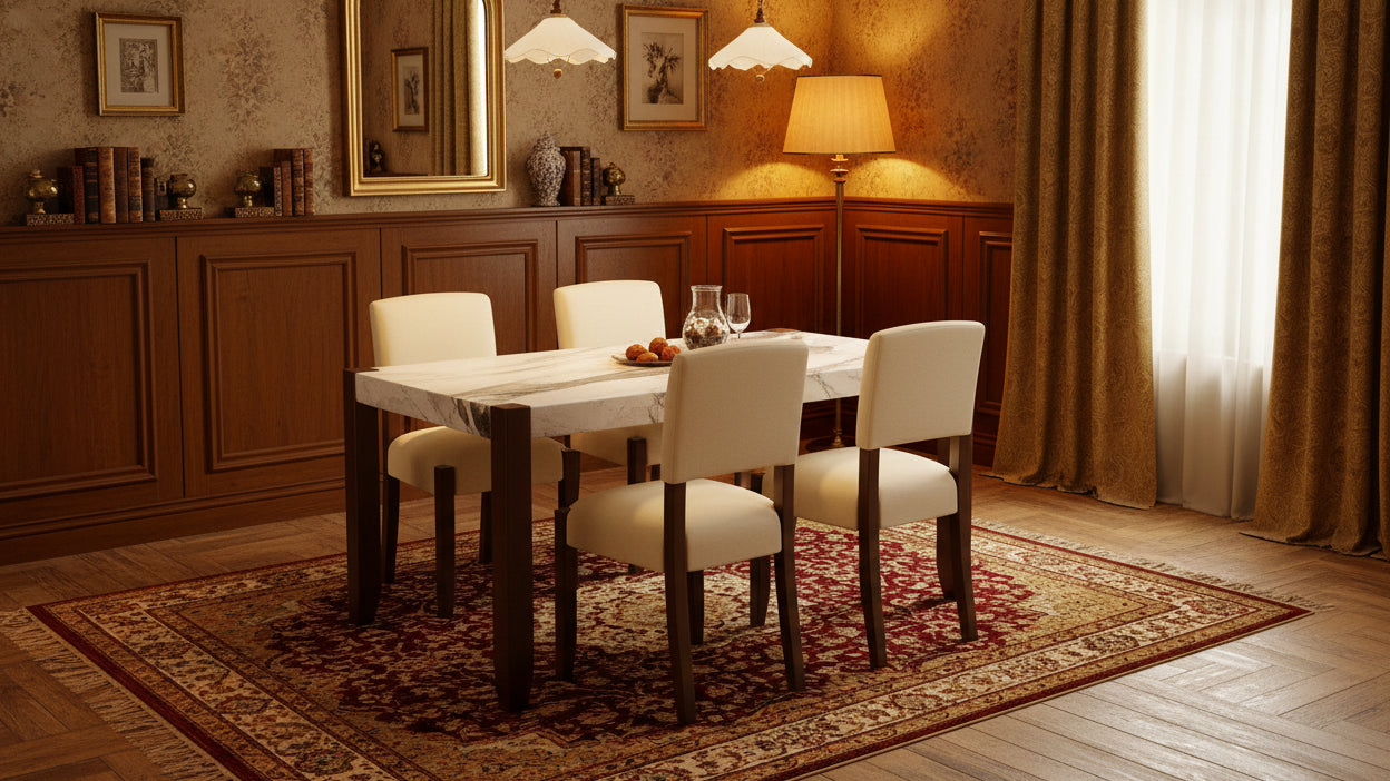 46.5" Modern Dining Table, Rectangular Faux Marble Kitchen Table with Rubber Wood Legs, White