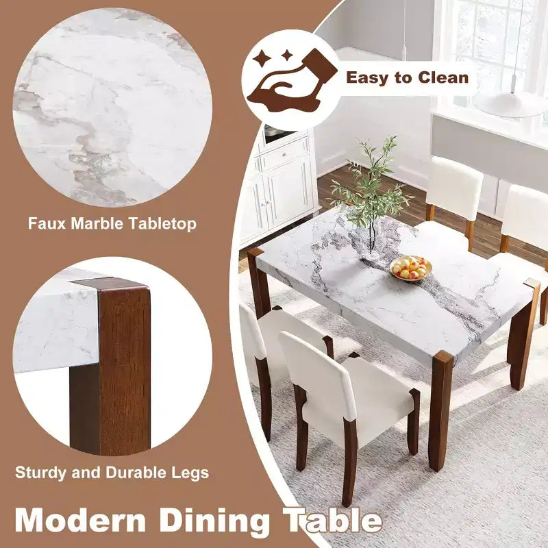 46.5" Modern Dining Table, Rectangular Faux Marble Kitchen Table with Rubber Wood Legs, White