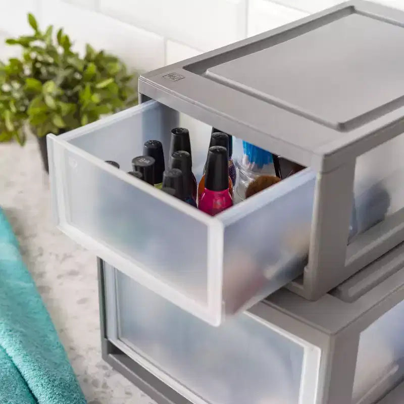 Compact Stacking Storage Plastic Drawer Organizer with Clear Doors